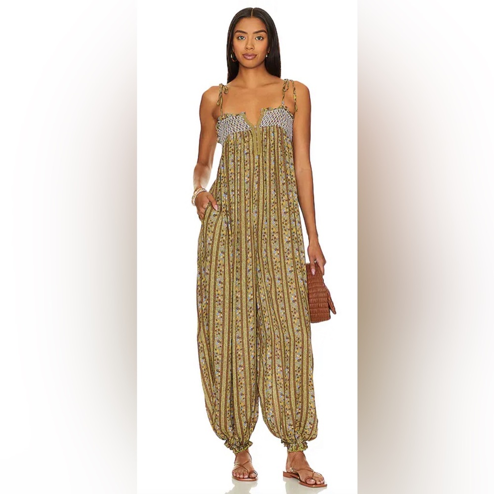 NWT Free People Rule the World Maxi Jumpsuit in Fern Combo